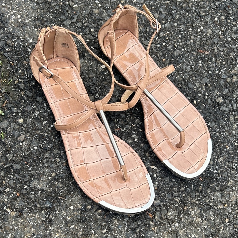 Dolce Vita Nude/Tan Croc-Embossed T-Strap Lace-Up Sandals